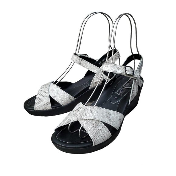 Mephisto Grey Leather Snake Print Wedge Sandals - Picture 3 of 16